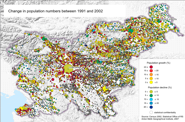 Change in population numbers between 1991 and 2002 