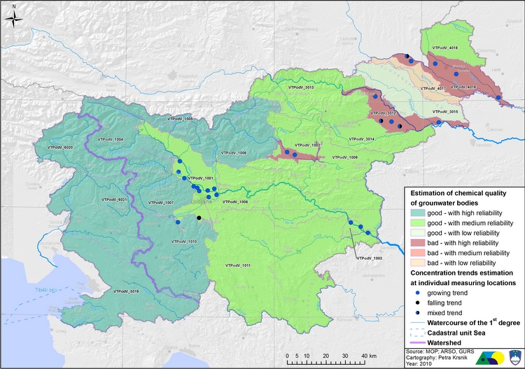 Chemical quality of groundwater bodies, 2006-2008, and forecast of trends at individual measuring locations 